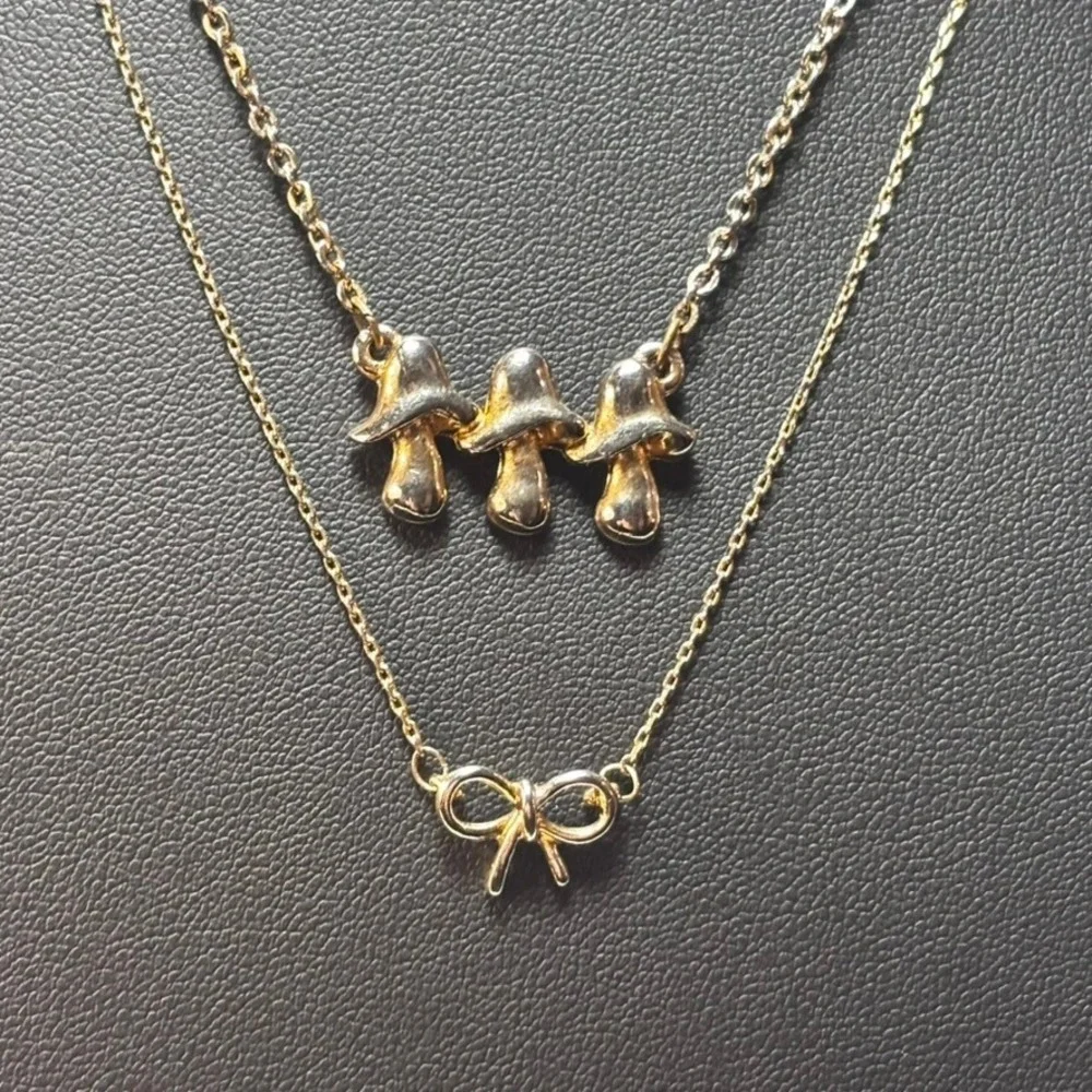 Necklace Lot Gold Tone Mushroom and Bow Charms‎ Fairycore Whimsical